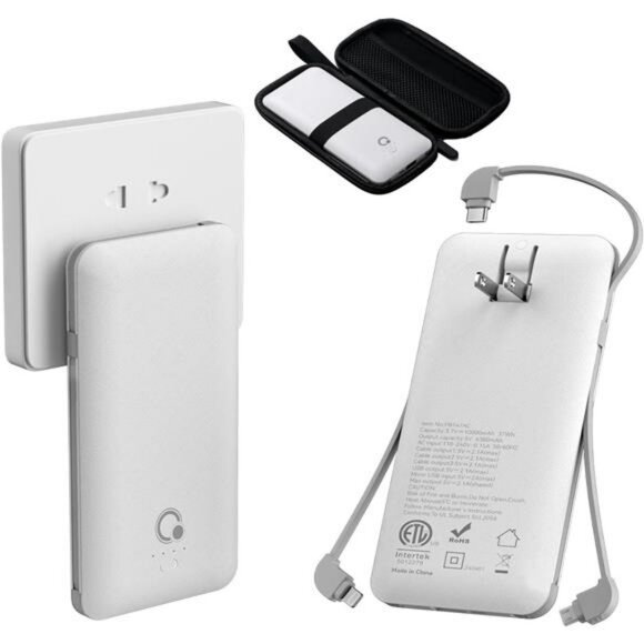 Slim 10000mAh portable charger with built in cables wall plug for all phones - Picture 1 of 7